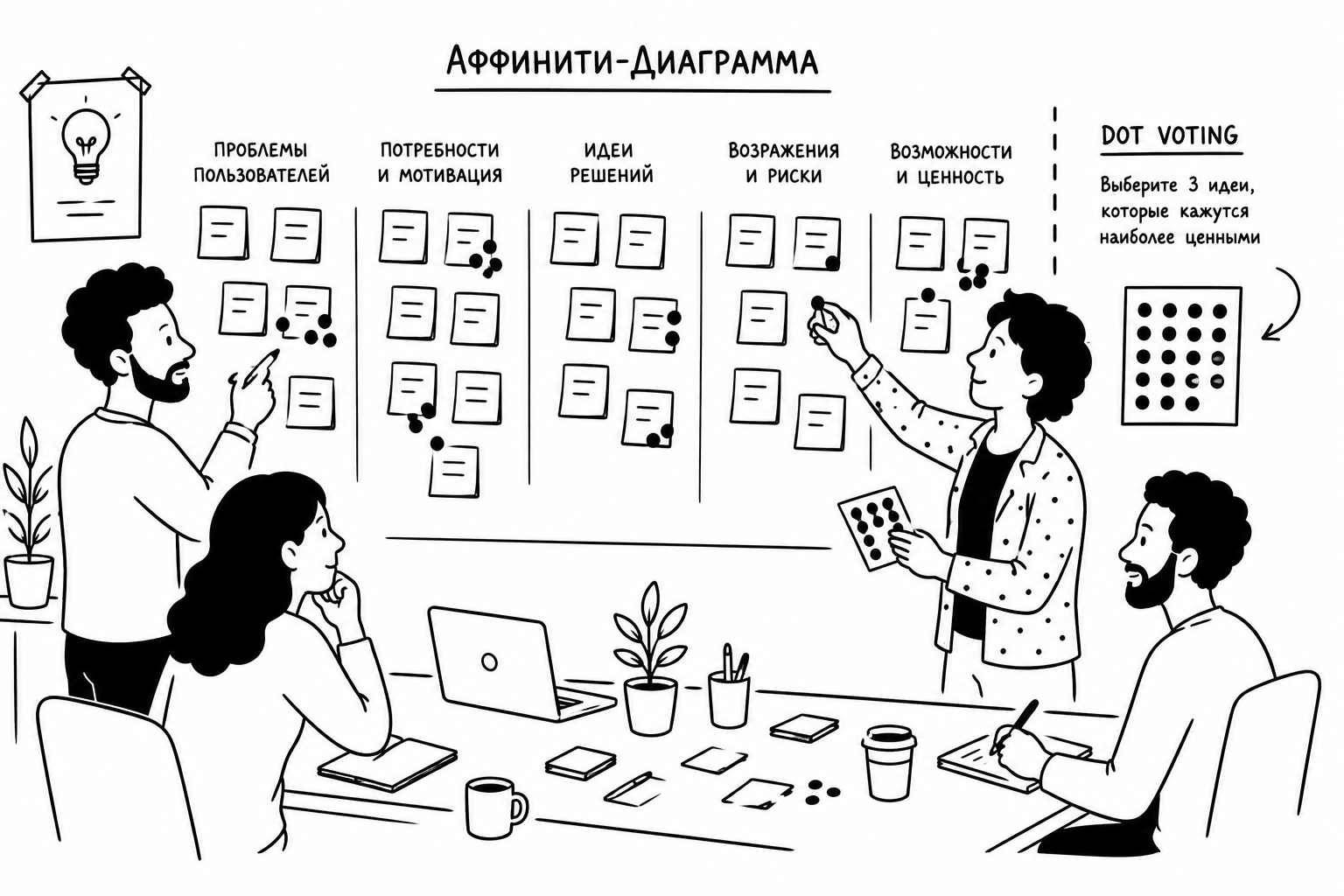 Команда разбирает идеи на аффинити-диаграмме